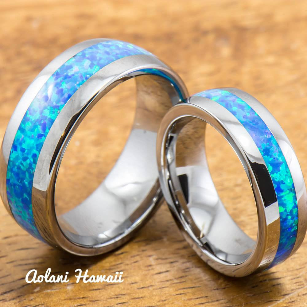 Wedding Band Set of Tungsten Rings with Opal Inlay (6mm & 8mm width, Barrel Style) - Aolani Hawaii - 1