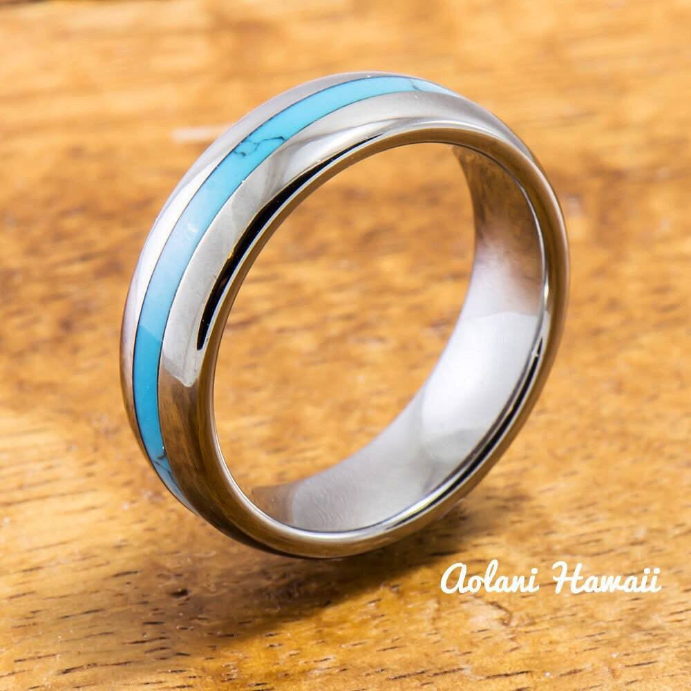 Wedding Band Set of Tungsten Rings with Turquoise Inlay (6mm & 8mm width, Barrel Style) - Aolani Hawaii - 3