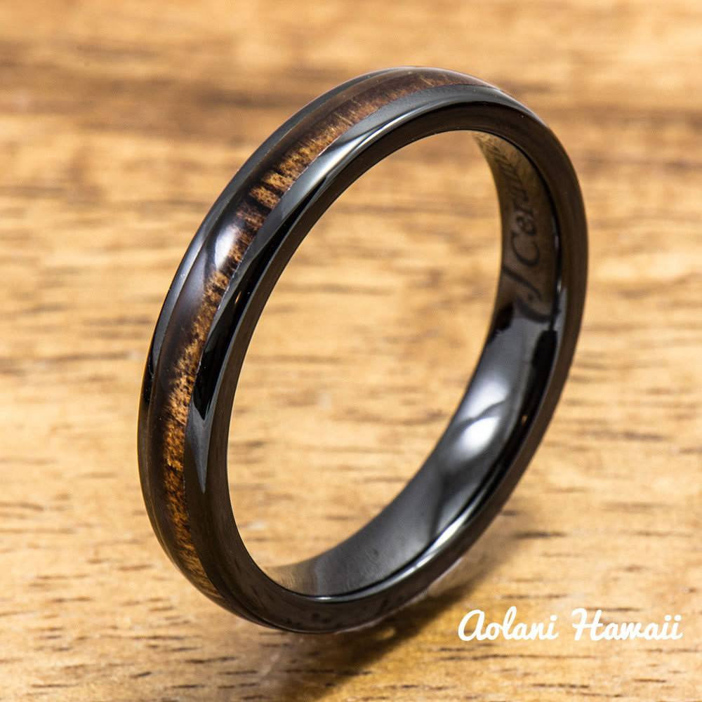 Black Wedding Ring Set - Black Ceramic Ring with Koa Wood Inlay (4mm & 8 mm width, Barrel Style) - Aolani Hawaii - 3
