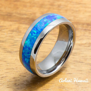 Wedding Band Set of Tungsten Rings with Opal Inlay (6mm & 8mm width, Barrel Style) - Aolani Hawaii - 2