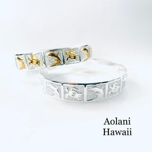 Dolphin Honu Turtle Handmade Traditional Hawaiian Engraved Sterling Silver Bracelet
