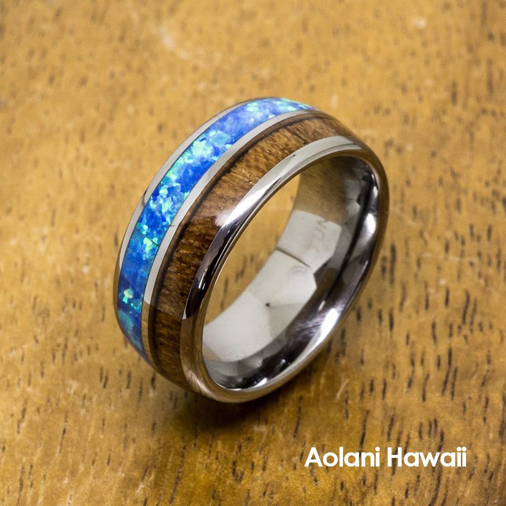Koa Wood Opal Inlay Tungsten Ring (6mm 8mm Width, Barrel style)