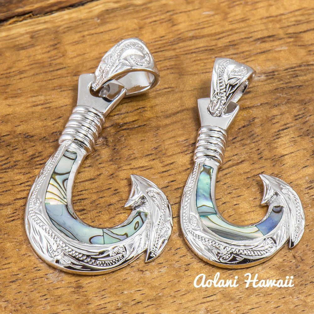 Abalone Inlaid Fishhook Pendant with 925 Sterling Silver (FREE Stainless Chain Included) 22 Inch / Large