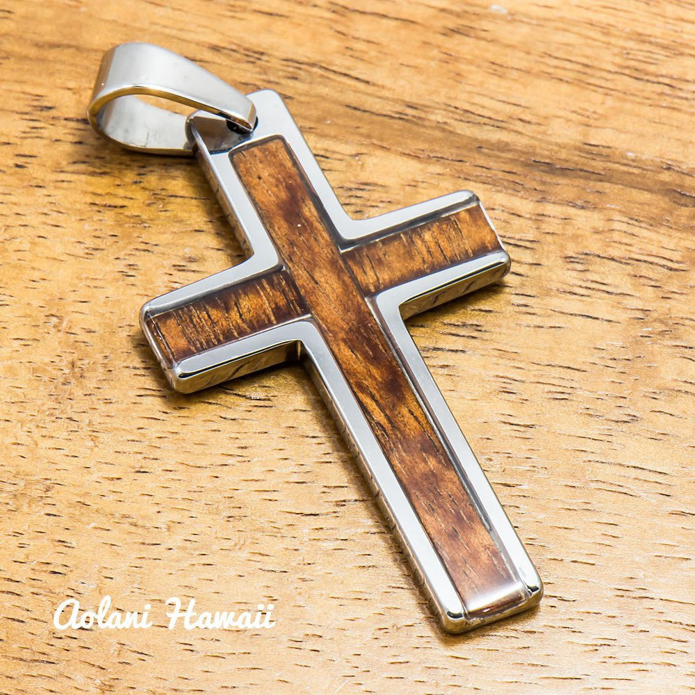 Cross pendant with Koa Wood handmade with Tungsten Carbide (27mm X 47mm, FREE Stainless Chain Included) - Aolani Hawaii - 1