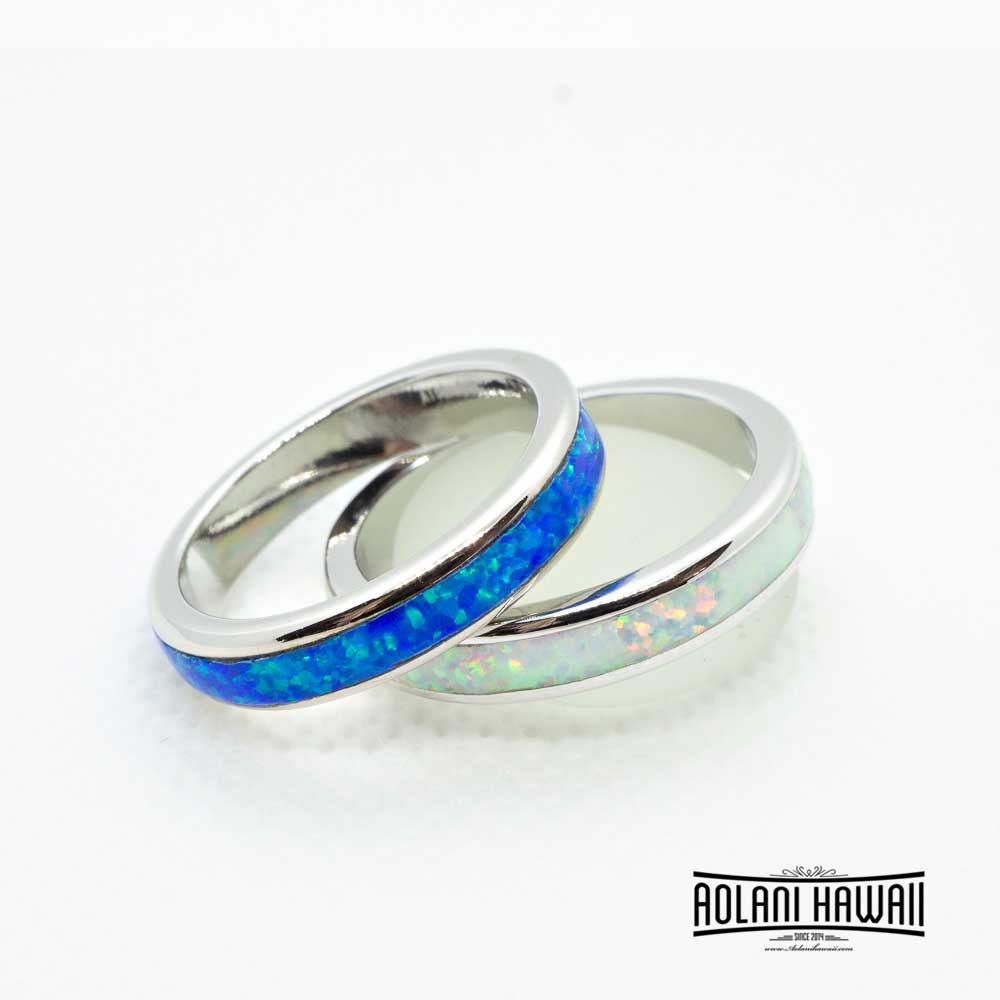 Sterling Silver Ring with Blue White Opal Inlay (3mm Flat Shape