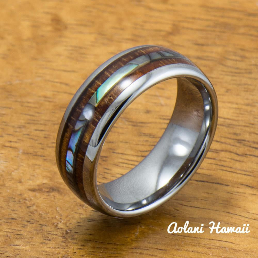 Tungsten Wedding Band Set with Mother of Pearl Abalone and Koa Wood Inlay (6mm - 8mm Width) - Aolani Hawaii - 2