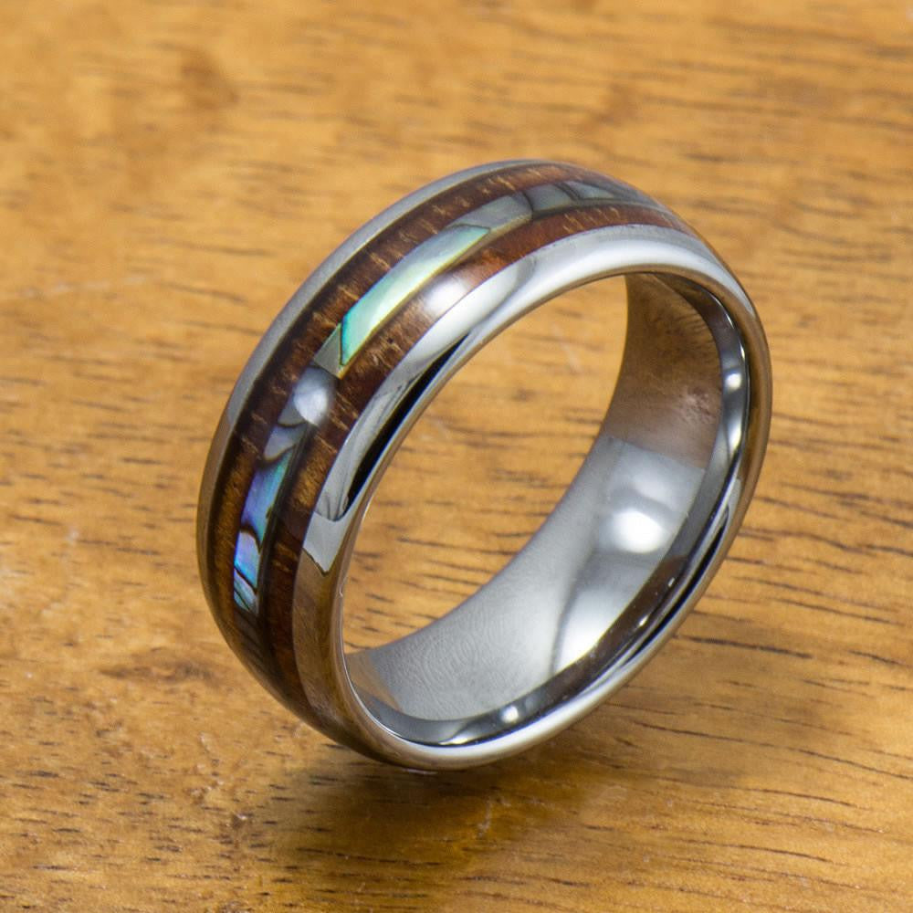 Abalone and Koa Wood Inlay Tungsten Ring (6mm - 8mm Width, Barrel style)