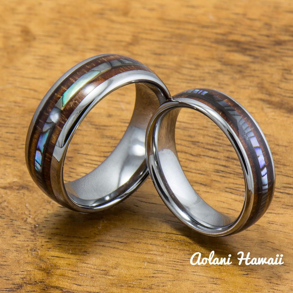 Abalone and Koa Wood Inlay Tungsten Ring (6mm - 8mm Width, Barrel style) - Aolani Hawaii - 3