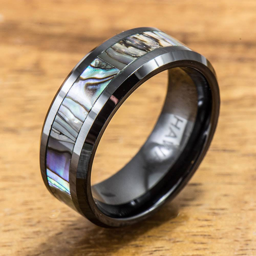 Black Ceramic Ring with Abalone Inlay (8 mm width, Flat Style)