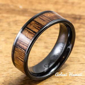 Wedding Band Set of Ceramic Rings with Hawaiian Koa Wood Inlay (6mm & 8mm width, Flat Style ) - Aolani Hawaii - 2