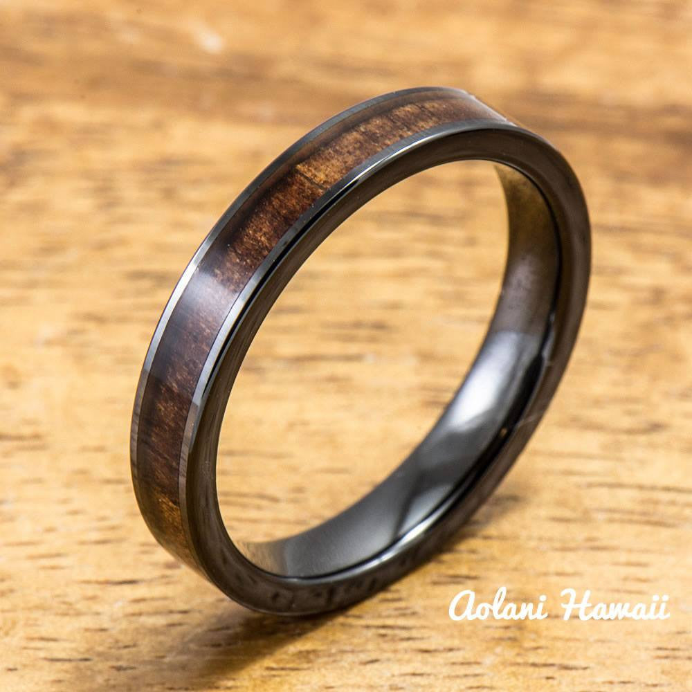 Black Ceramic Ring with Hawaiian Koa Wood (4mm - 8 mm width, Flat Style) - Aolani Hawaii - 3