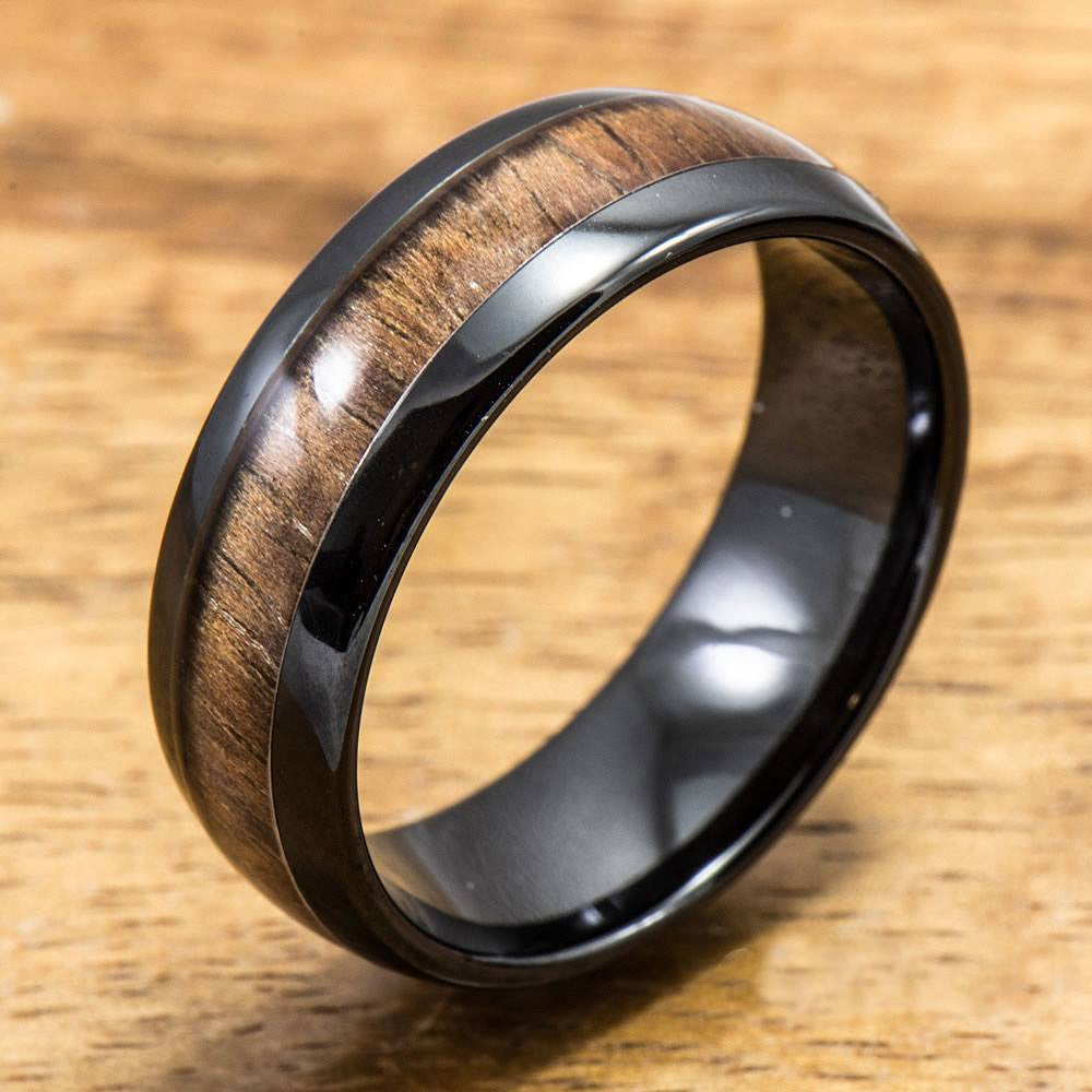 Black Ceramic Ring with Koa Wood Inlay (4mm - 8 mm width, Barrel Style)