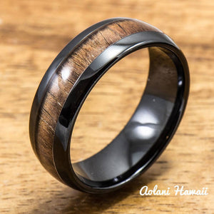 Wedding Ring Set - Black Ceramic Ring with Koa Wood Inlay (6mm & 8 mm width, Barrel Style) - Aolani Hawaii - 2