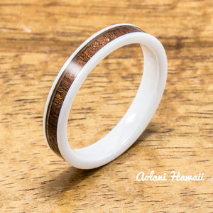 Ceramic Ring Wedding Ring with Koa Wood (4mm - 8 mm width, Flat Style) - Aolani Hawaii - 3