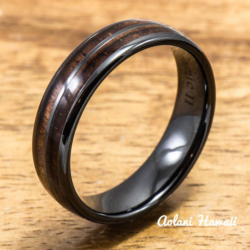 Ceramic Ring with Hawaiian Koa Wood (6mm - 8 mm width, Barrel Style) - Aolani Hawaii - 2