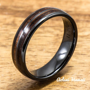 Ceramic Wedding Ring Set - Ceramic Ring with Hawaiian Koa Wood (6mm & 8 mm width, Barrel Style) - Aolani Hawaii - 3