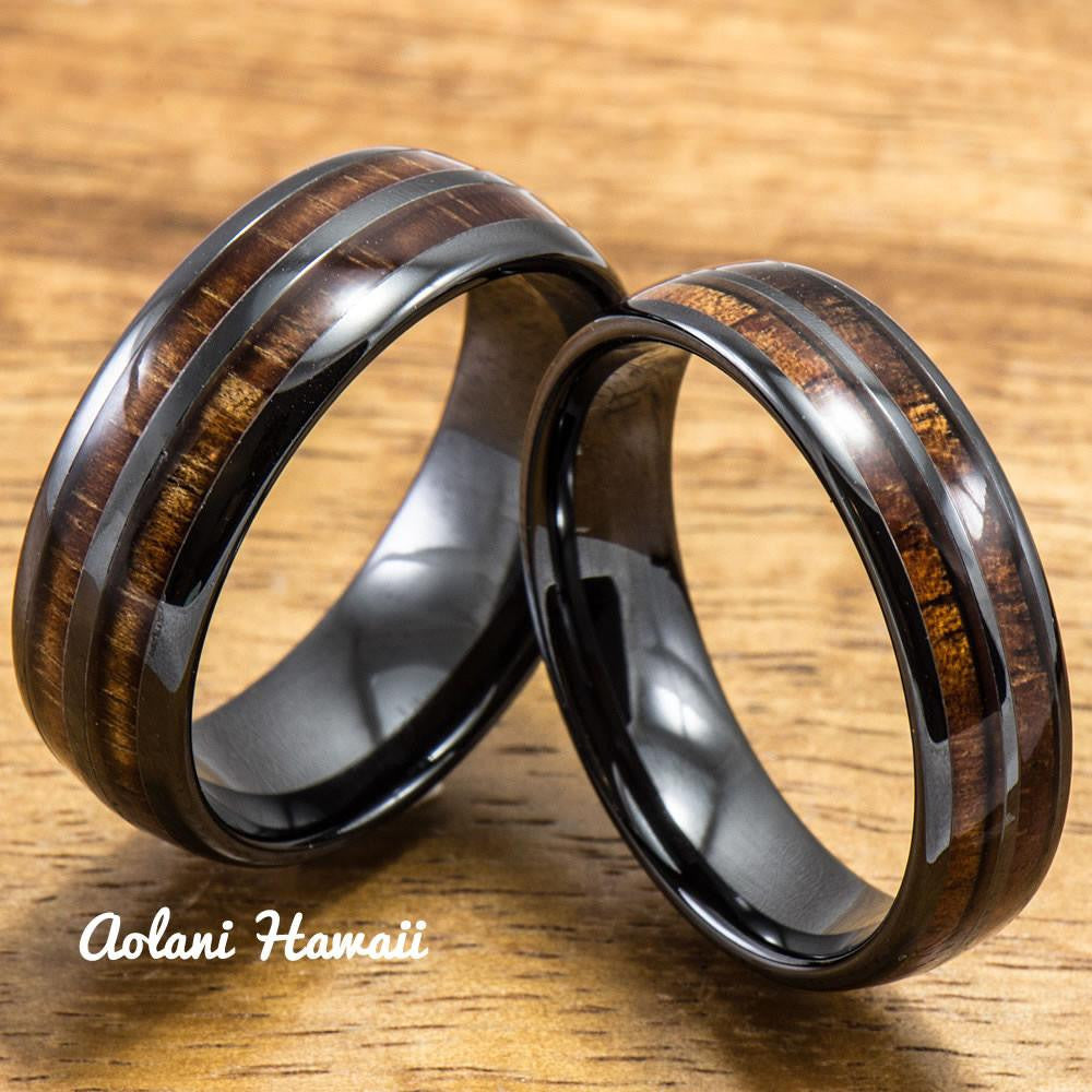 Ceramic Ring with Hawaiian Koa Wood (6mm - 8 mm width, Barrel Style)