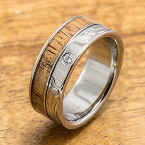 Diamond Titanium Ring with Hawaiian Koa Wood Inlay (8 mm width, Flat Style)