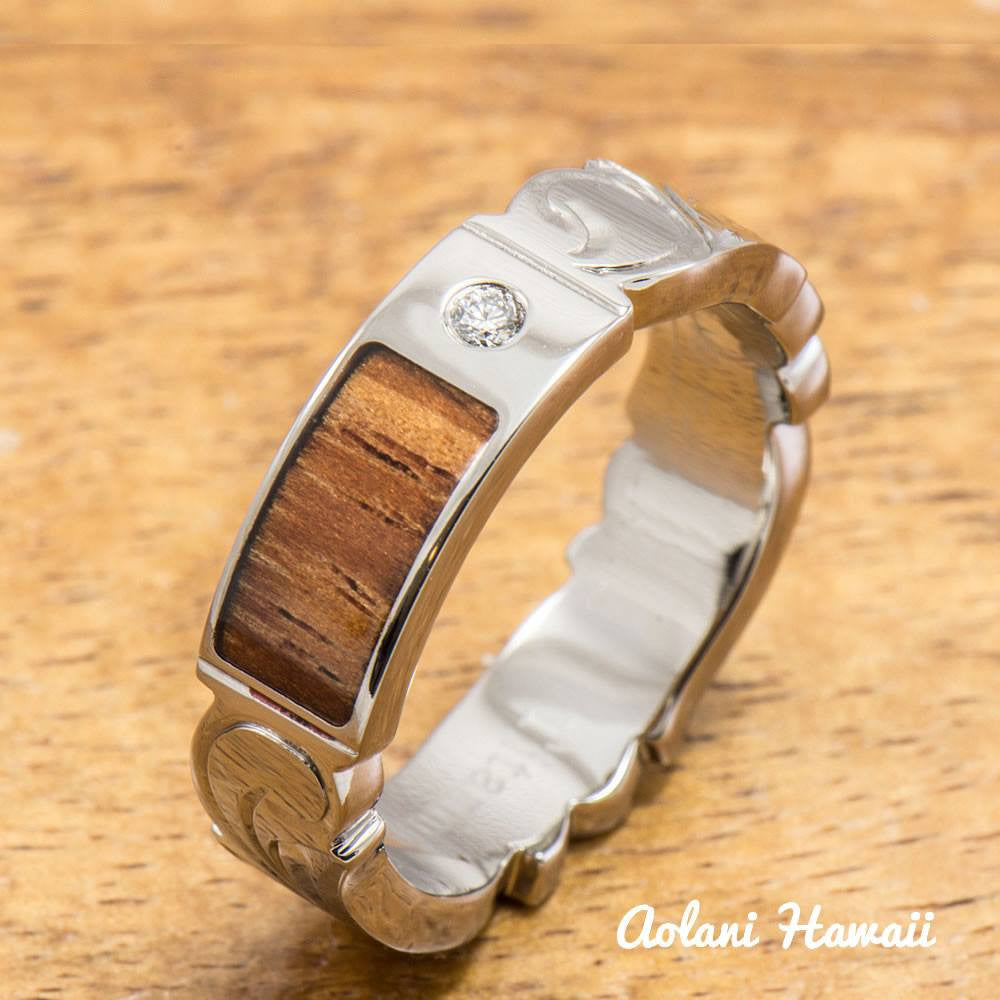 Hand Engraved Titanium Ring with Diamond Setting and Hawaiian Koa Wood  Inlay (6mm width, Cutout Edge, Flat Style)