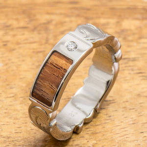 Hand Engraved Titanium Ring with Diamond Setting and Hawaiian Koa Wood Inlay (6mm width, Cutout Edge, Flat Style)