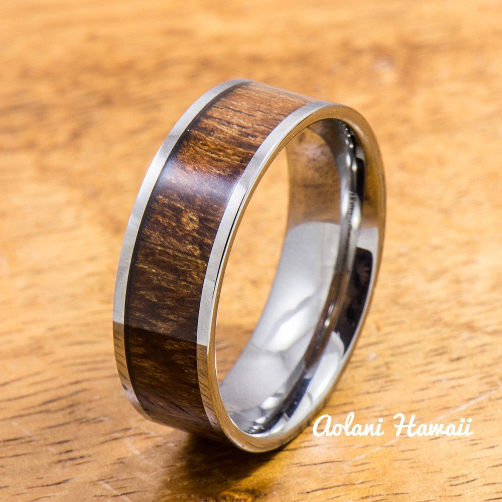 Wedding Band Set of Tungsten Rings with Hawaiian Koa Wood Inlay (4mm & 8mm width, Flat Style) - Aolani Hawaii - 2