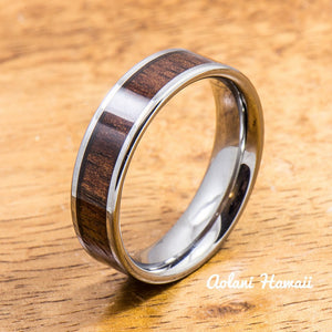 Wedding Band Set of Tungsten Rings with Hawaiian Koa Wood Inlay (4mm & 6mm width, Flat Style) - Aolani Hawaii - 2