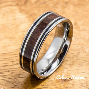 Tungsten Wedding Ring Set with Hawaiian Koa Wood handmade (6mm & 8mm width) - Aolani Hawaii - 2