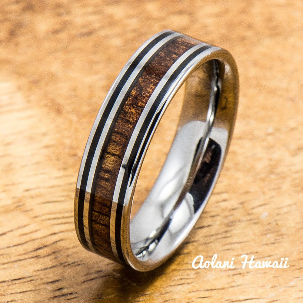Tungsten Wedding Ring Set with Hawaiian Koa Wood handmade (6mm & 8mm width) - Aolani Hawaii - 3