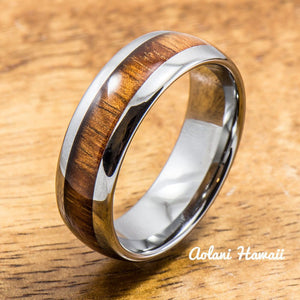 Wedding Band Set of Tungsten Rings with Hawaiian Koa Wood Inlay (4mm & 8mm width, Barrel Style) - Aolani Hawaii - 2