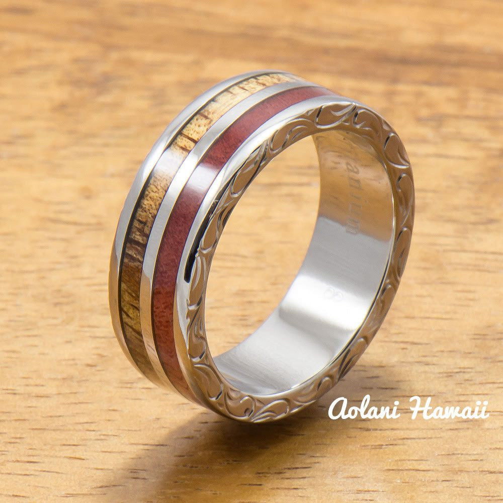 Koa Titanium Ring with Two Tone Hawaiian Koa Wood and Pink Ivory Inlay (7mm width, Flat Style) - Aolani Hawaii - 1