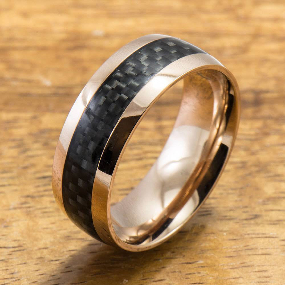 Pink Gold Colored Stainless Steel Ring with Carbon Fiber Inlay (6mm - 8mm width, Barrel Style)