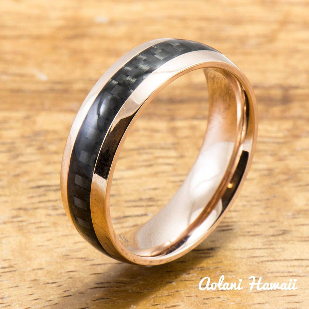 Pink Gold Colored Stainless Steel Ring with Carbon Fiber Inlay (6mm - 8mm width, Barrel Style) - Aolani Hawaii - 2