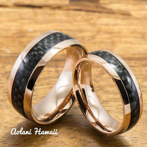 Pink Gold Colored Stainless Steel Ring with Carbon Fiber Inlay (6mm - 8mm width, Barrel Style) - Aolani Hawaii - 3