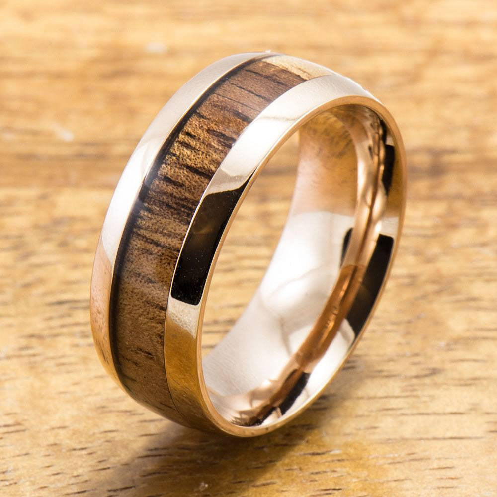 Pink Gold Colored Stainless Steel Ring with with Koa Wood Inlay (6mm - 8mm width, Barrel Style)