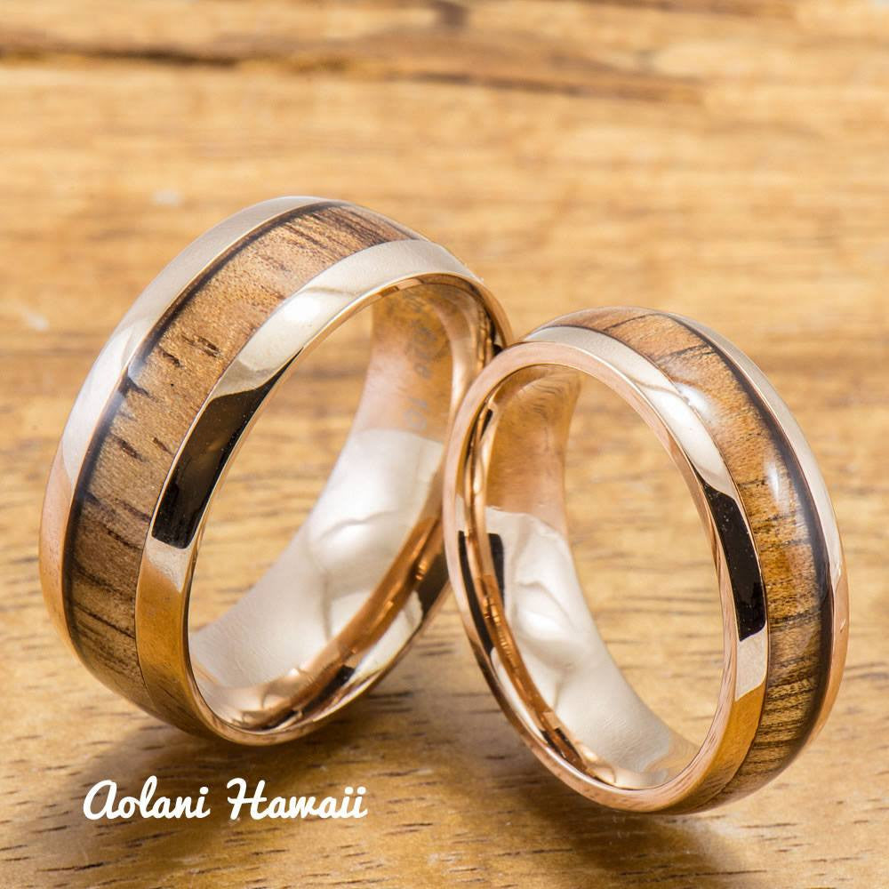 Pink Gold Colored Stainless Steel Ring with with Koa Wood Inlay (6mm - 8mm width, Barrel Style) - Aolani Hawaii - 3