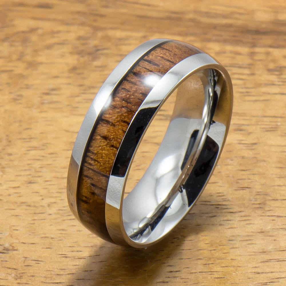 Stainless Ring with Hawaiian Koa Wood (6mm - 8mm width, Barrel Style)