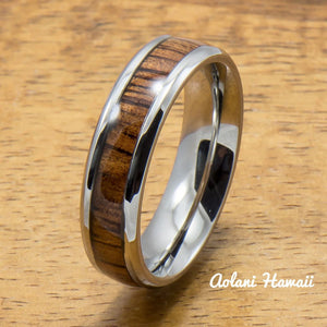 Stainless Ring with Hawaiian Koa Wood (6mm - 8mm width, Barrel Style) - Aolani Hawaii - 2
