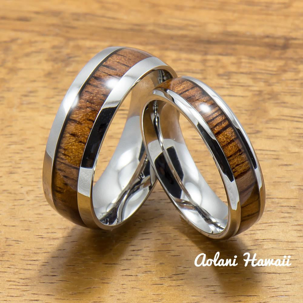 Stainless Ring with Hawaiian Koa Wood (6mm - 8mm width, Barrel Style) - Aolani Hawaii - 3