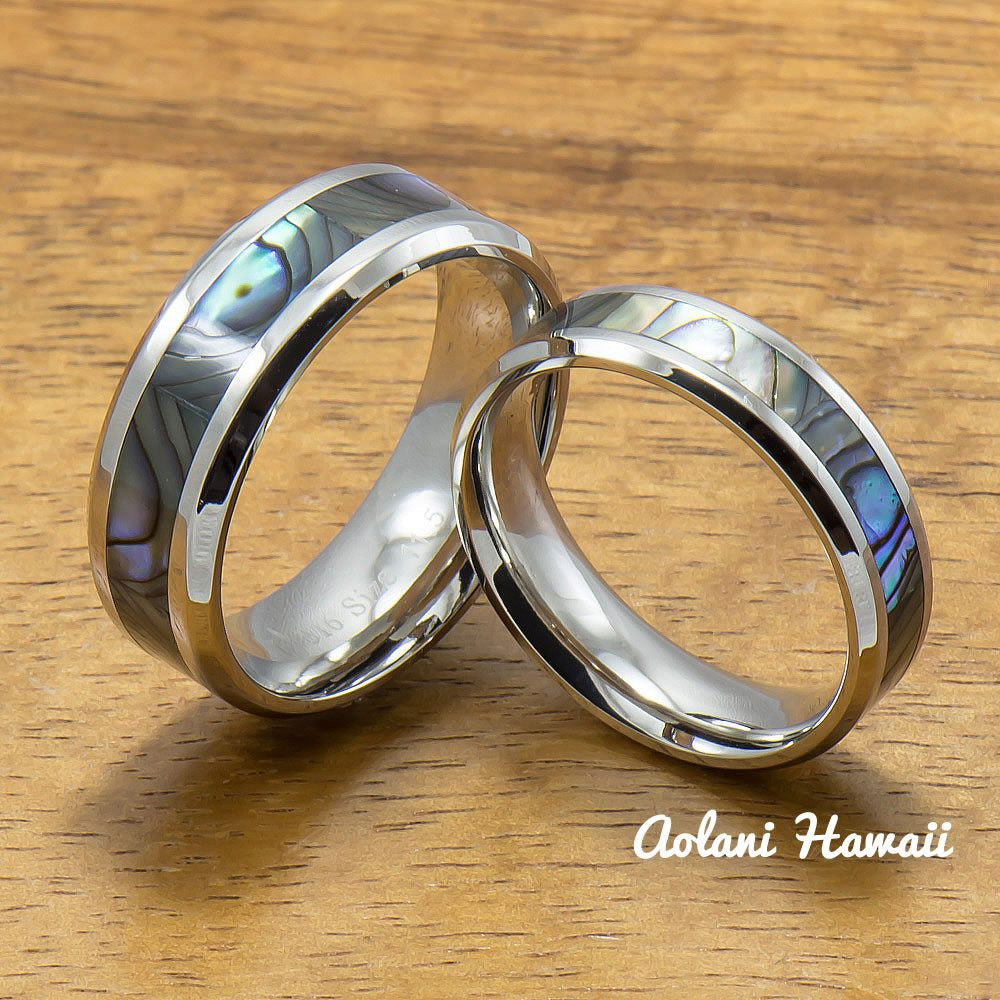 Stainless Wedding Ring Set Steel Rings with Abalone Inlay (6mm & 8mm width, Flat Style) - Aolani Hawaii - 1