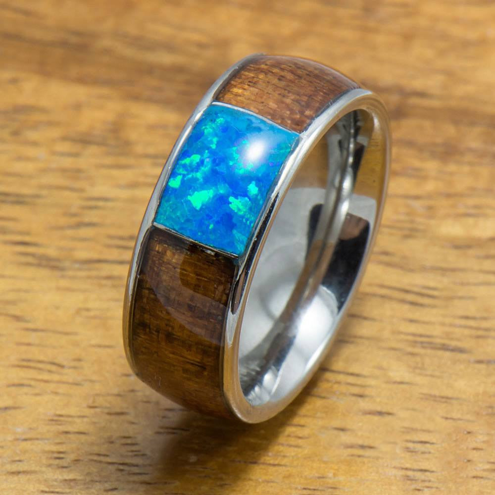 Stainless Steel Ring with Hawaiian Koa Wood & Opal Inlay (8mm width, Barrel style)