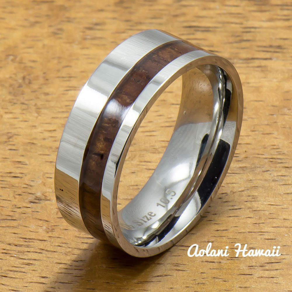 Stainless Steel Ring with Off Center Hawaiian Koa Wood (6mm - 8mm width, Flat style) - Aolani Hawaii - 1