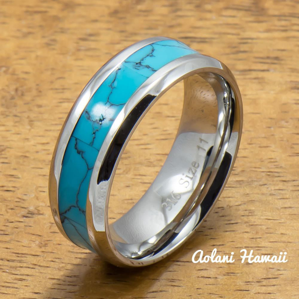 Stainless Steel Ring with Turquoise Inlay (6mm - 8mm width, Flat style) - Aolani Hawaii - 1