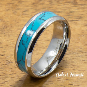 Stainless Steel Wedding Band Set with turquoise Inlay (6mm - 8mm Width, Flat style) - Aolani Hawaii - 2