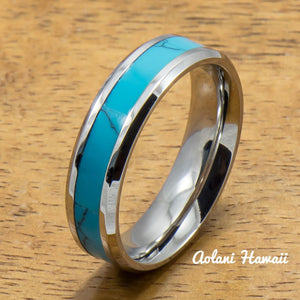 Stainless Steel Wedding Band Set with turquoise Inlay (6mm - 8mm Width, Flat style) - Aolani Hawaii - 3