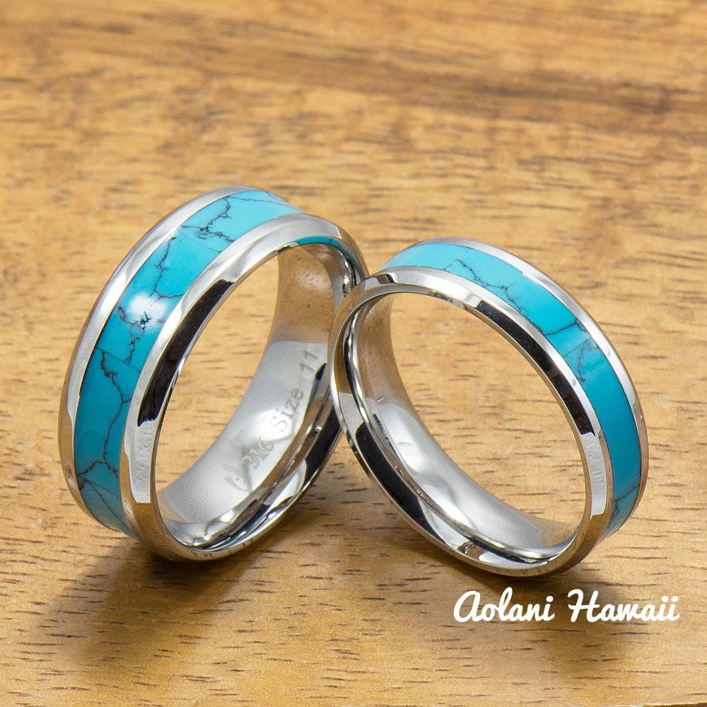 Stainless Steel Wedding Band Set with turquoise Inlay (6mm 8mm
