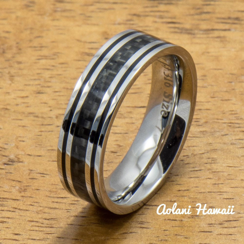 Stainless Steel Ring with with Carbon Fiber Inlay (6mm - 8mm width, Flat Style) - Aolani Hawaii - 2