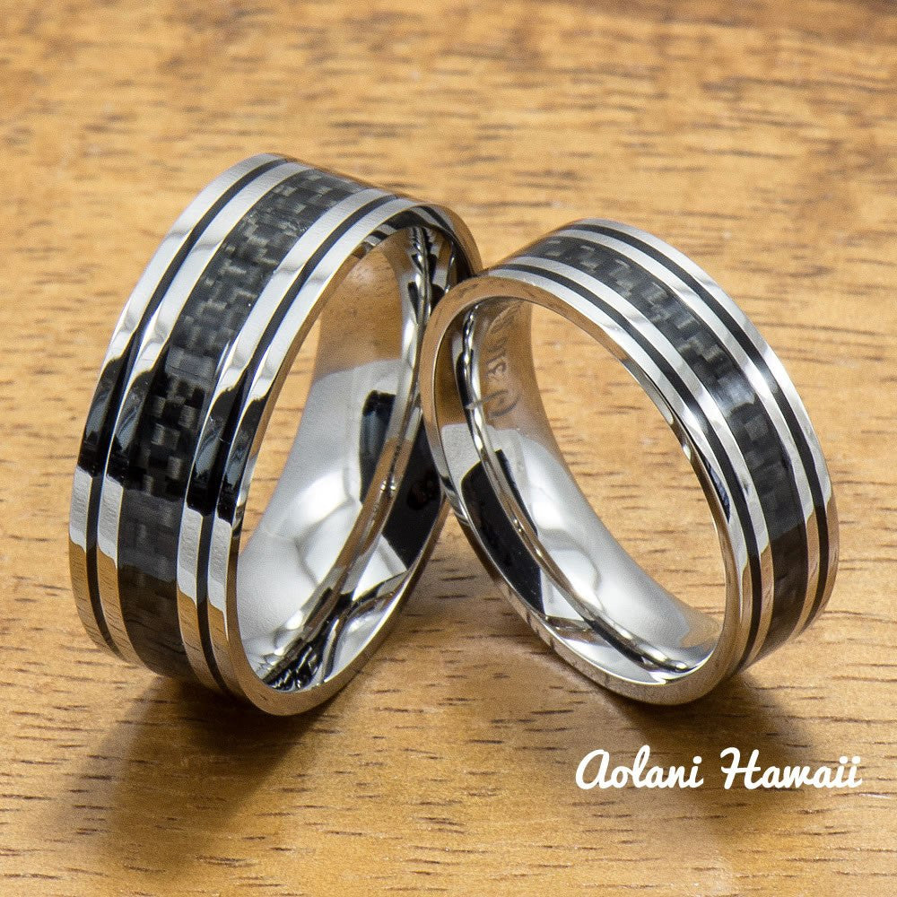Stainless Steel Ring with with Carbon Fiber Inlay (6mm - 8mm width, Flat Style) - Aolani Hawaii - 3