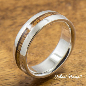 Sterling Silver Ring with Hawaiian Koa Wood Inlay (6-8mm width, Barrel style) - Aolani Hawaii - 2