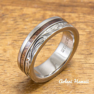 Titanium Ring with Hawaiian Koa Wood Inlay (6mm - 8 mm width, Flat Style) - Aolani Hawaii - 2