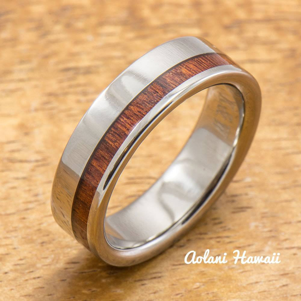 Titanium Ring with Hawaiian Koa Wood Inlay (6mm - 8 mm width, Flat Style) - Aolani Hawaii - 2